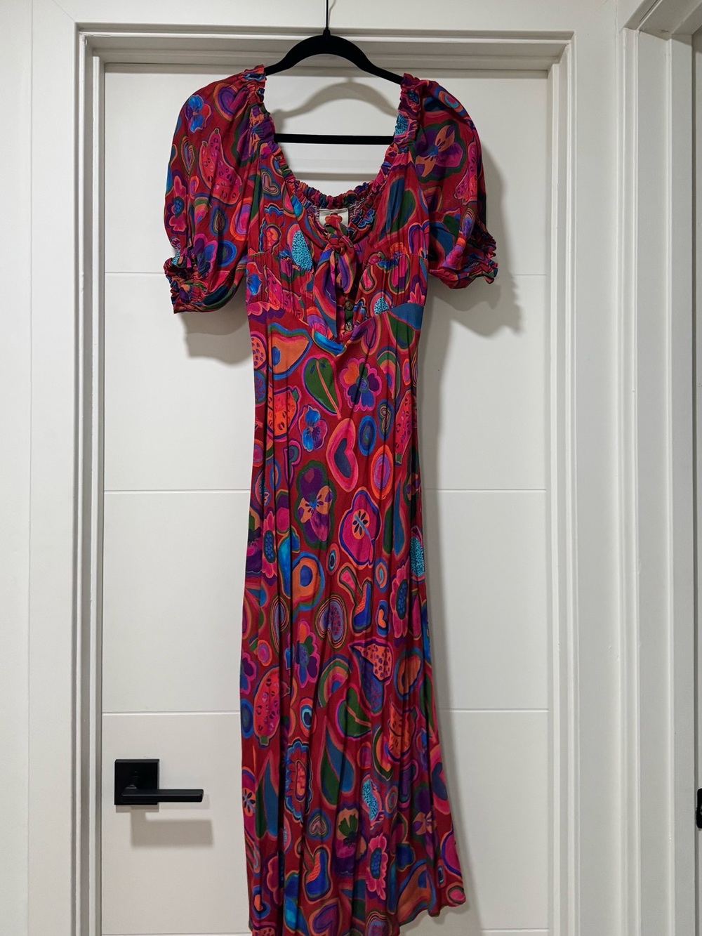 Farm Rio Fruit Print Puff Sleeve Midi Dress Size XS Tie Neck Boho